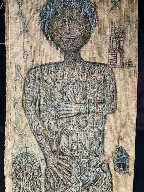 Love Lies Bleeding Michael Springer Acrylic and charcoal on hessian sugar sack, 2024