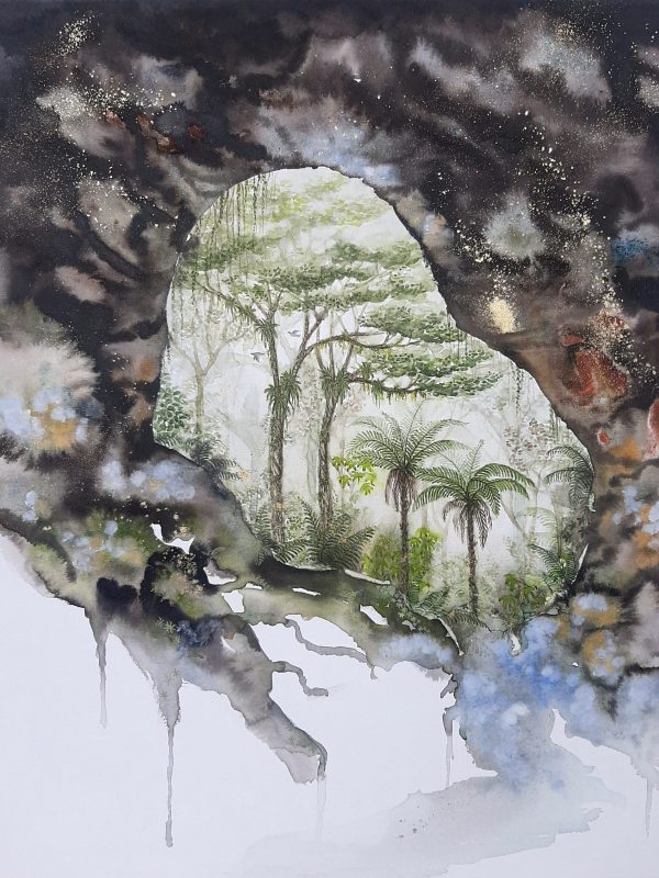 Rebecca Smallridge 'Awestruck at Te Ananui' Watercolour, ink & gold dust on canvas. 2023